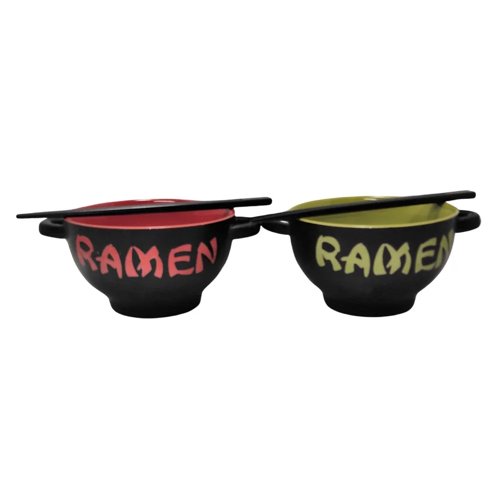 World Market Japanese Ceramic Ramen Bowls + Utensils Set of 2